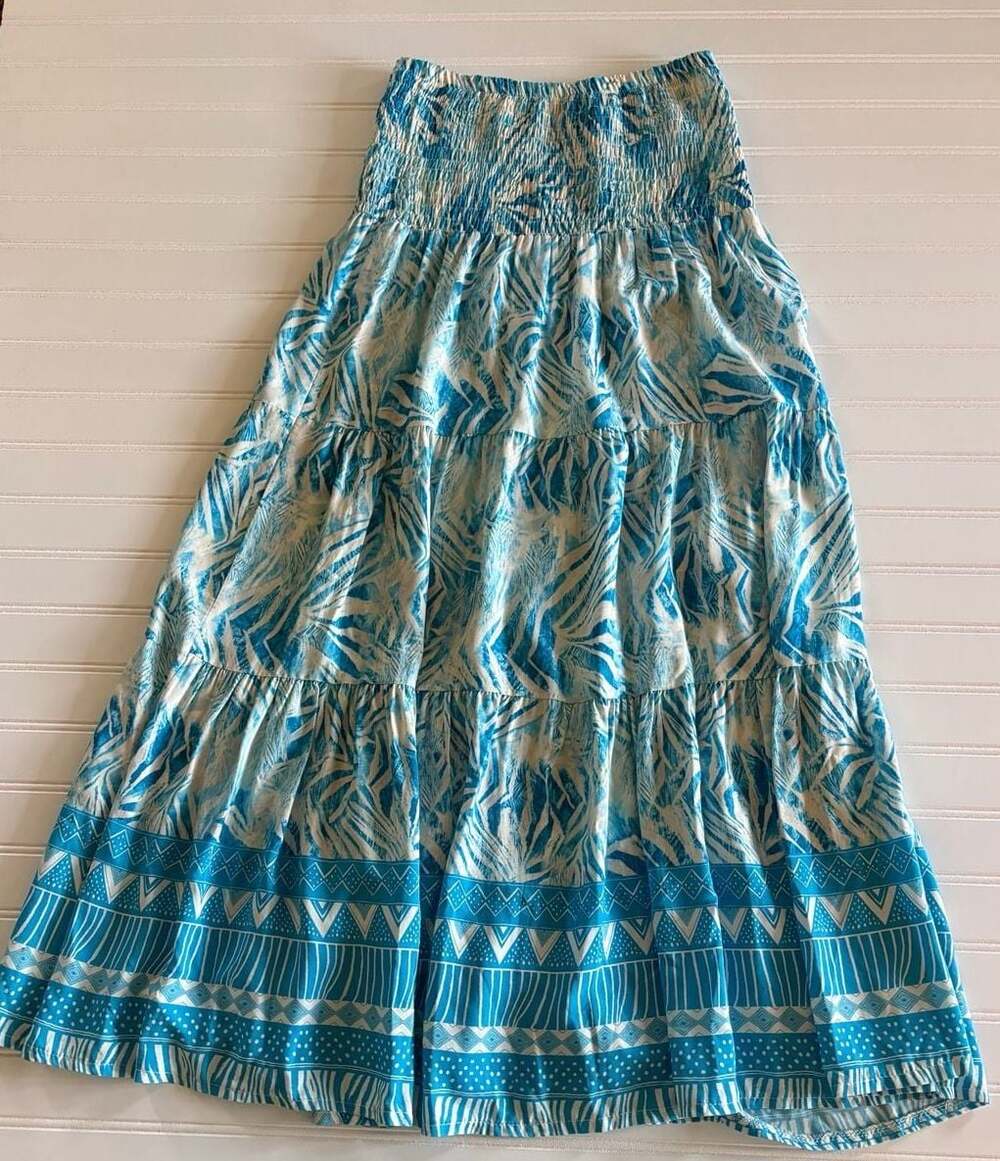 Gigi Moda Made in Italy Blue and White Tiered Smocked Waist Midi Skirt
